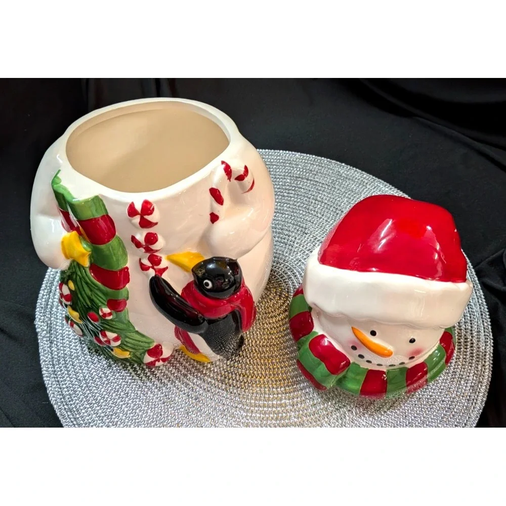 Snowman Cookie Jar W/ Penguin Christmas Decor Holiday Season Container